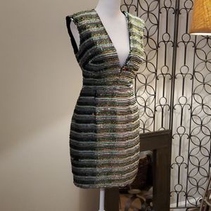 Asos sequin dress, v neck, green and browns, 8, sleeveless